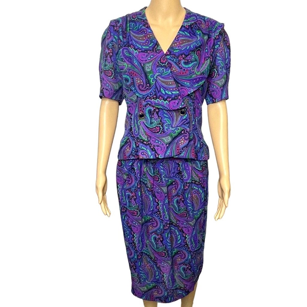 Vintage Leslie Fay Dresses Petite 6 Women's 2Pc Blouse & Skirt Purple Paisley 6P
